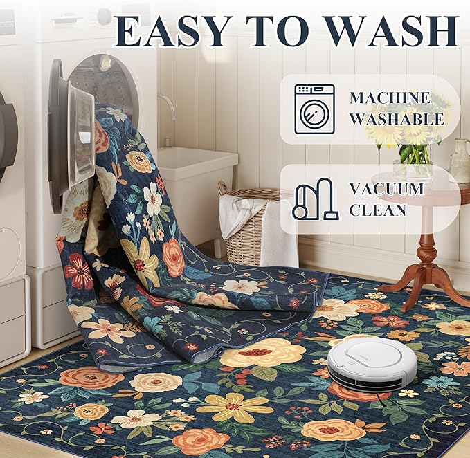 DUKINO Floral Round Rug, 4ft Washable Circle Rug, Non Slip Indoor Low Pile - Image 6
