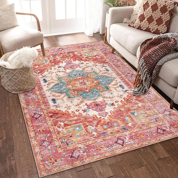 Yamaziot Washable Area Rug, 4x6 Non-Slip Boho Vintage Living Room Bedroom Rug by Yamaziot