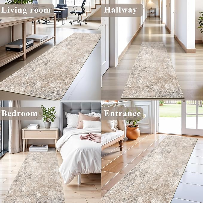 2x8 Washable Hallway Runner Rug – Non-Slip Modern Abstract Neutral Low-Pile - Image 4