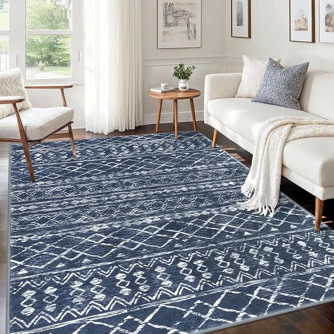 KUTA Area Rug 5x7 Navy Blue, Washable Boho Large Living Room Moroccan Rugs by KUTA