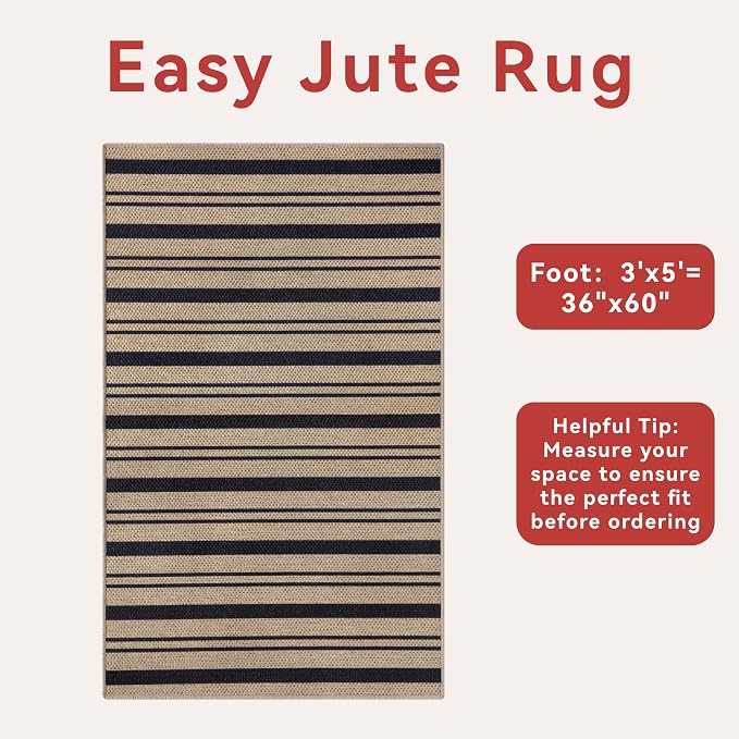 Tangsoo Stripe Easy Jute Rug, Ultra Thin 3x5 Washable Area Rug - Image 5