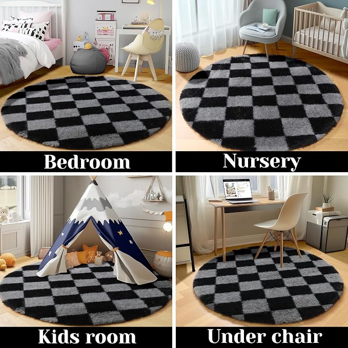 KICMOR Round Rugs 5ft Black and Grey Circle Area Rug, Fluffy Soft Fuzzy Shag - Image 5