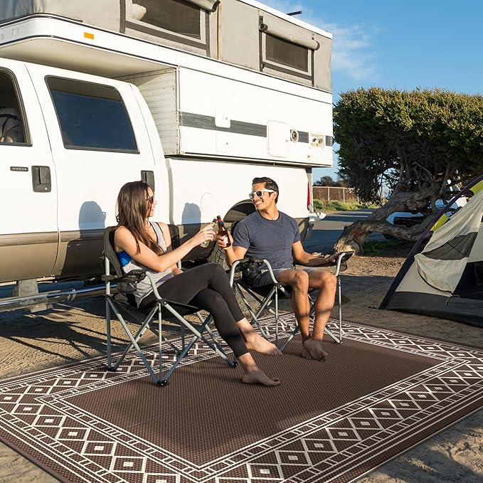 GENIMO Outdoor Rug Waterproof for Patio, Outside Area Mat for Rv, Coffee & Beige - Image 3
