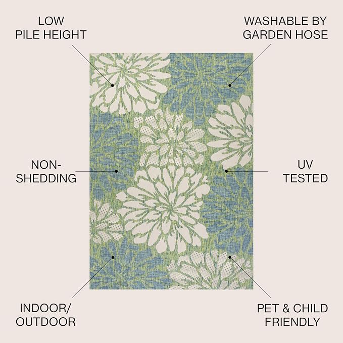 JONATHAN Y Floral Textured Weave Indoor Outdoor Round Area Rug 4 Ft Cream/Green - Image 2
