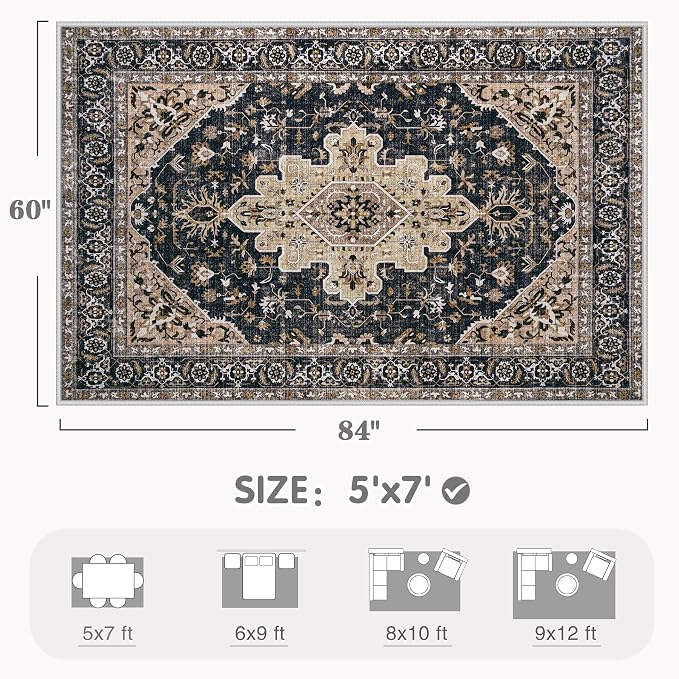 Area Rugs 5x7 Vintage Rug: Washable Living Room Rug Retro Medallion Distressed - Image 2