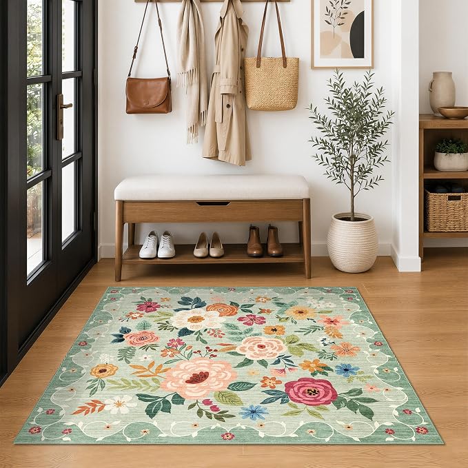 DUKINO 4x4 Square Area Rug, Floral Indoor Floor Washable Entryway Rug - Image 3