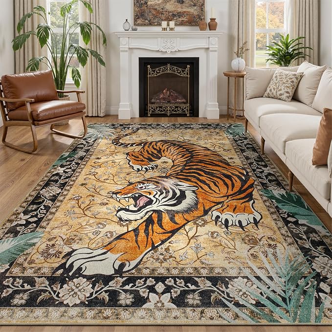 DCX Washable 9x12 Tiger Area Rug, Soft Low Pile Carpet, Kid & Pet Friendly - Image 5