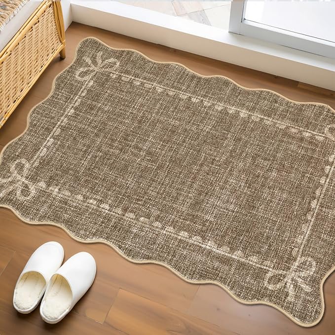GarveeHome Scalloped Bow Rug for Kitchen Floor, Solid Brown Rug for Dorm by GarveeHome