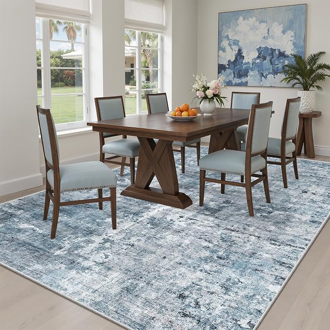 Soalmost Abstract Rug 5x7 Machine Washable Area Indoor Blue Low Pile Non-Slip - Image 3
