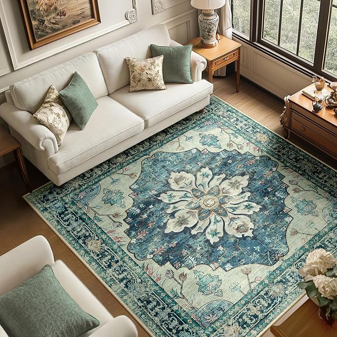 RELEANY Area Rugs Square 6ft Washable Non-Slip, Floral Vintage Distress by RELEANY
