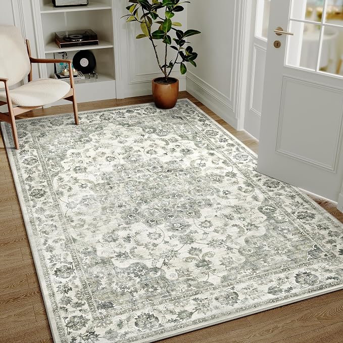 5x7 Washable Neutral Area Rug Green Vintage Living Room Bedroom Carpet Non-Slip - Image 2