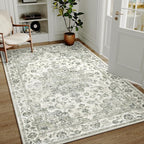 5x7 Washable Neutral Area Rug Green Vintage Living Room Bedroom Carpet Non-Slip - Image 2