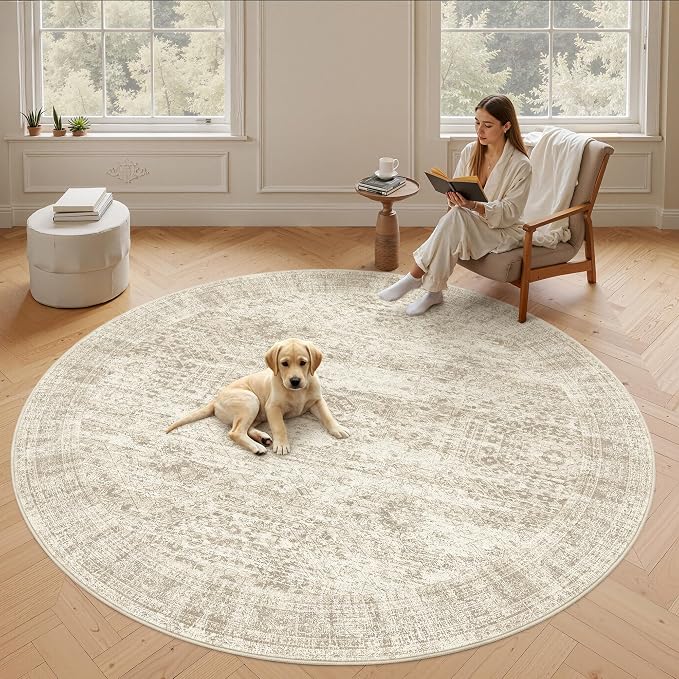 Soalmost 8x8 Beige Round Rug 8ft Living Room Circle Rug Vintage Round Area Rug - Image 9