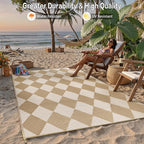 Outdoor Plastic Checkered Rug Waterproof Patio 5x8 Beige Brown Diamond Geometry - Image 4