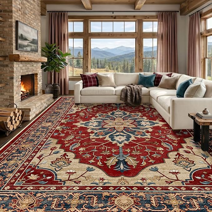 RELEANY Area Rugs Large 10'x12' Washable Non-Slip, Floral Vintage Distress by RELEANY