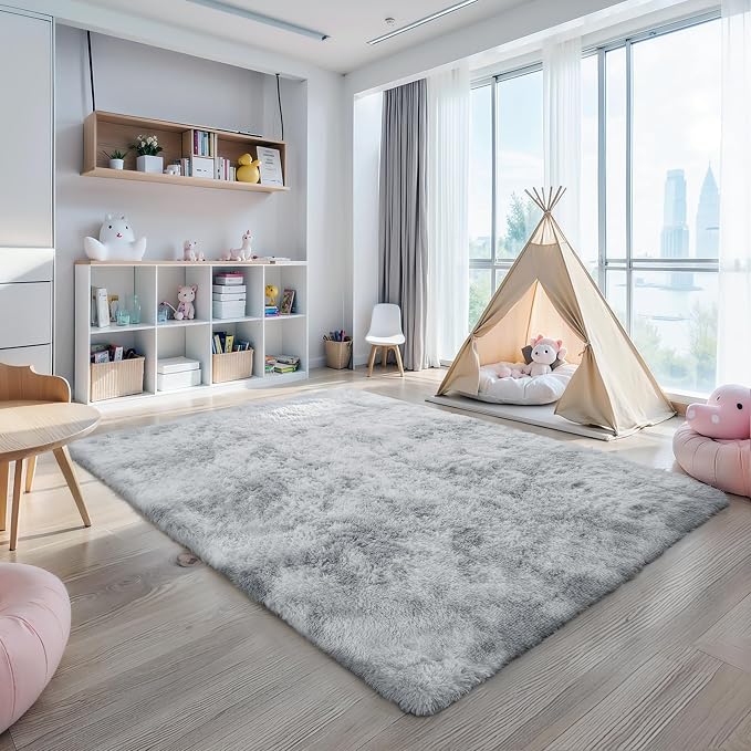 KICHOWUA 6x9 Light Grey Fluffy Shag Area Rug - Image 6