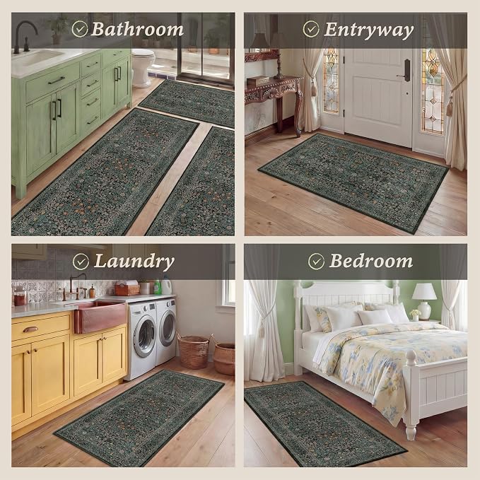 Black Green Kitchen Rug Set of 3, Washable Non-Slip Mats - Image 8