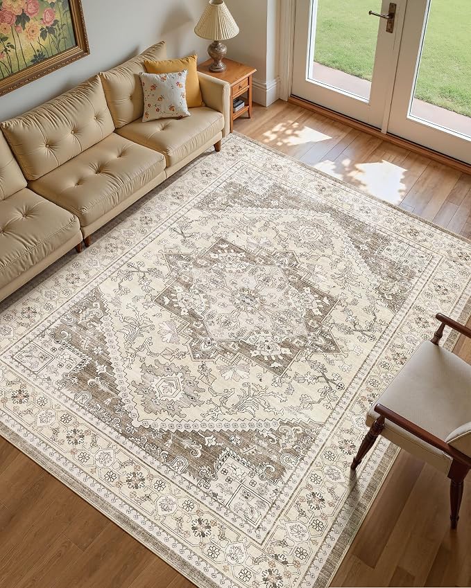 10x12 Vintage Area Rug: Washable Neutral Soft Non Slip Thin Large Floor Carpet - Image 2