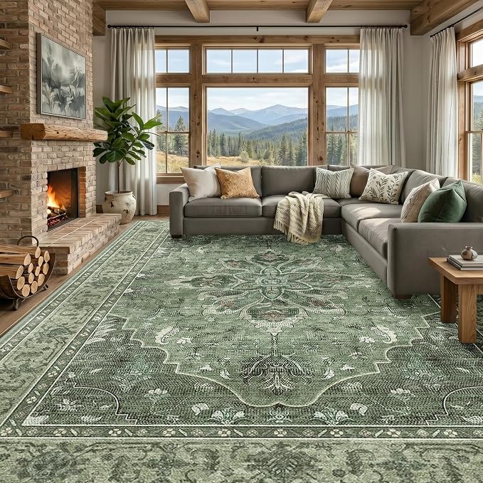 RELEANY Area Rugs Large 10'x12' Washable Non-Slip, Floral Vintage Distress by RELEANY