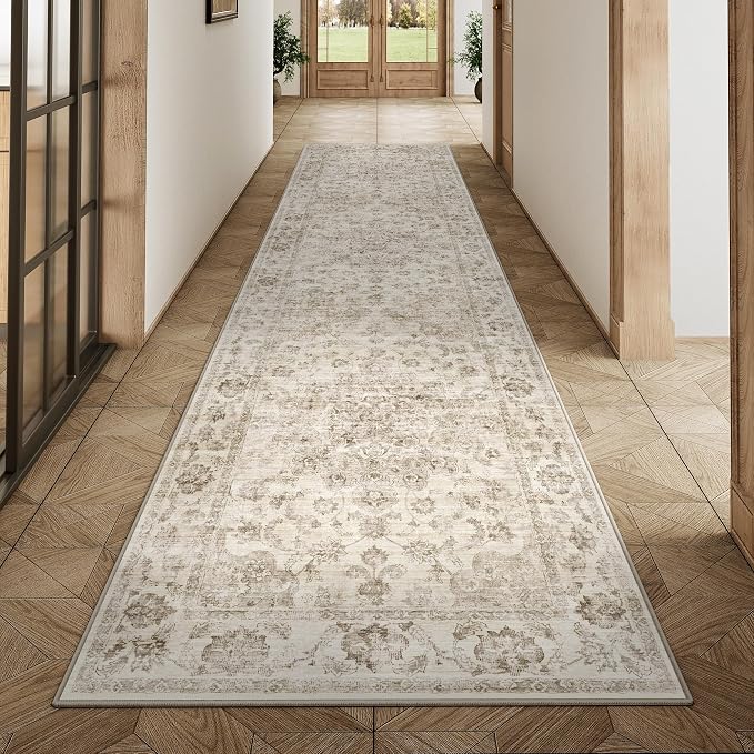 2x10 Washable Neutral Runner Rug Beige Vintage Hallway Kitchen Carpet Non-Slip - Image 3