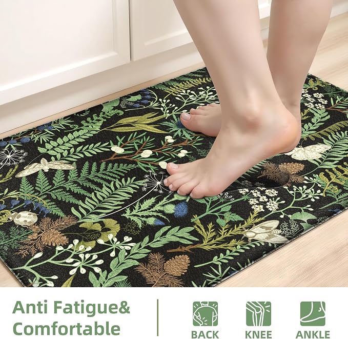 Black Green Botanical Kitchen Rugs Set of 2 Plant Leaf Anti-Fatigue Kitchen Mat - Image 5