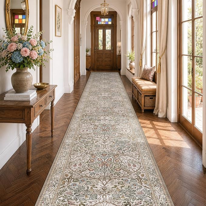 Vintage Moss Green 3x20 Extra Long Runner Rug by HazoHaus