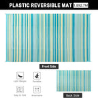 Outdoor Plastic Straw Rug Waterproof Patio 6x9 Teal Yellow Stripe Mat - Image 2