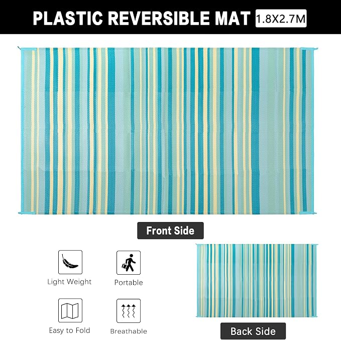 Outdoor Plastic Straw Rug Waterproof Patio 6x9 Teal Yellow Stripe Mat - Image 2