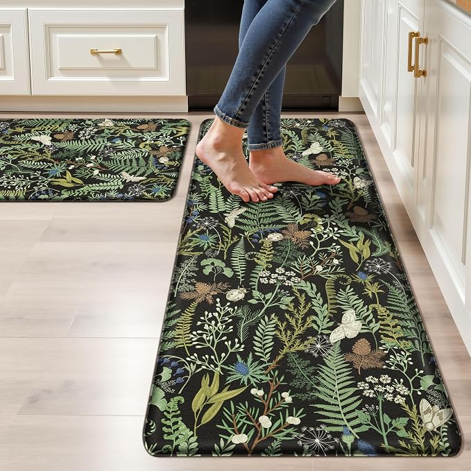 Black Green Botanical Kitchen Rugs Set of 2 Plant Leaf Anti-Fatigue Kitchen Mat by Keensoft