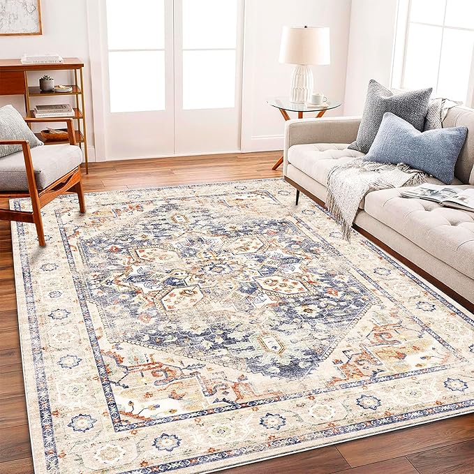 CHAMPLANT Washable Area Rug 8'x10' Blue Khaki Retro Boho Design Non-Shedding - Image 2