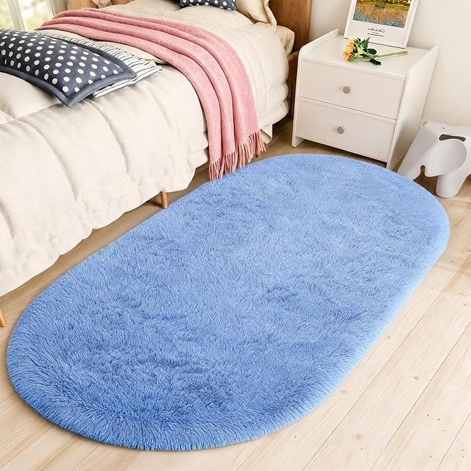 LOCHAS Bedroom Rug 2.6' x 5.3', Light Navy Fluffy Shaggy Area Rug by LOCHAS