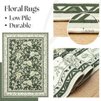 Olive Green Floral 5x7 Area Rug Vintage Boho Washable Printed Rug - Image 7