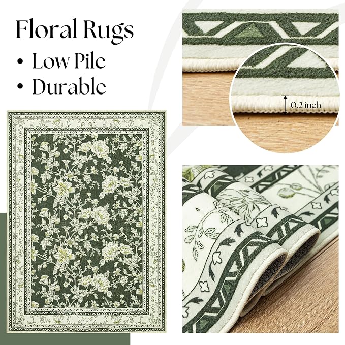 Olive Green Floral 5x7 Area Rug Vintage Boho Washable Printed Rug - Image 7