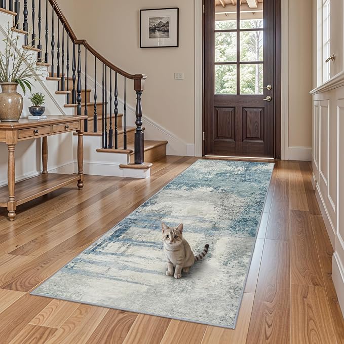 Blue Abstract 3x8 Washable Non Slip Hallway Runner Rug | Soft Low Pile Indoor - Image 3