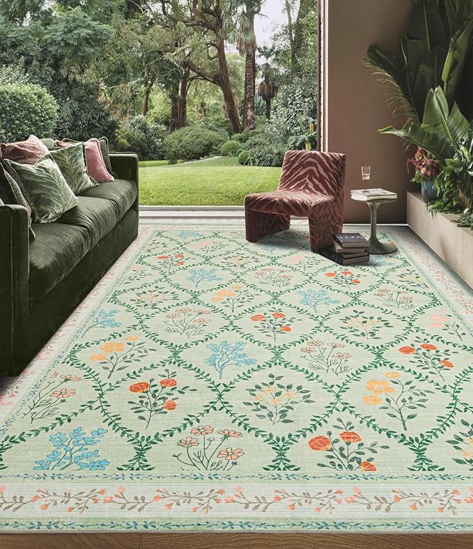 YIHOUSE Green Floral Print Rugs, Moroccan Trellis 10x14 Washable Large Rug - Image 9