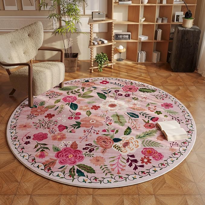 Rugcomf Round Rug 6ft Washable Circle Rug Non Slip Low Pile Boho Floral Small by Rugcomf