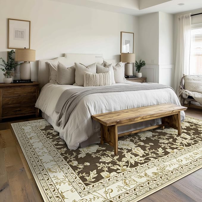 Brown Floral Rug 5x7 Machine Washable Area Rug - Image 3