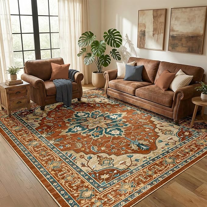 RELEANY Area Rugs 5'x7' Washable Non-Slip, Floral Vintage Distress Medallion by RELEANY