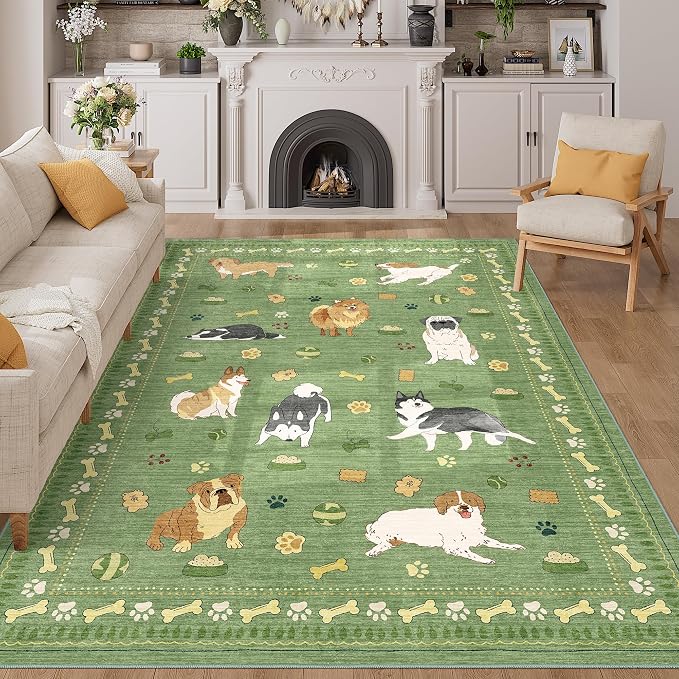 DUKINO 5x7 Rug for Living Room, Lightweight Animal Dog Print Washable Area Rug by DUKINO