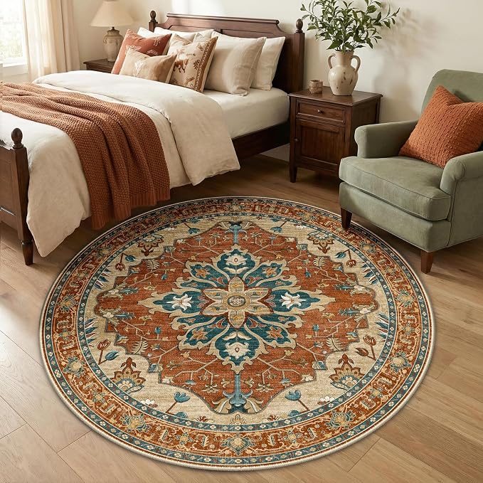 RELEANY Area Rugs Round 5ft Washable Non-Slip, Floral Vintage Distress by RELEANY