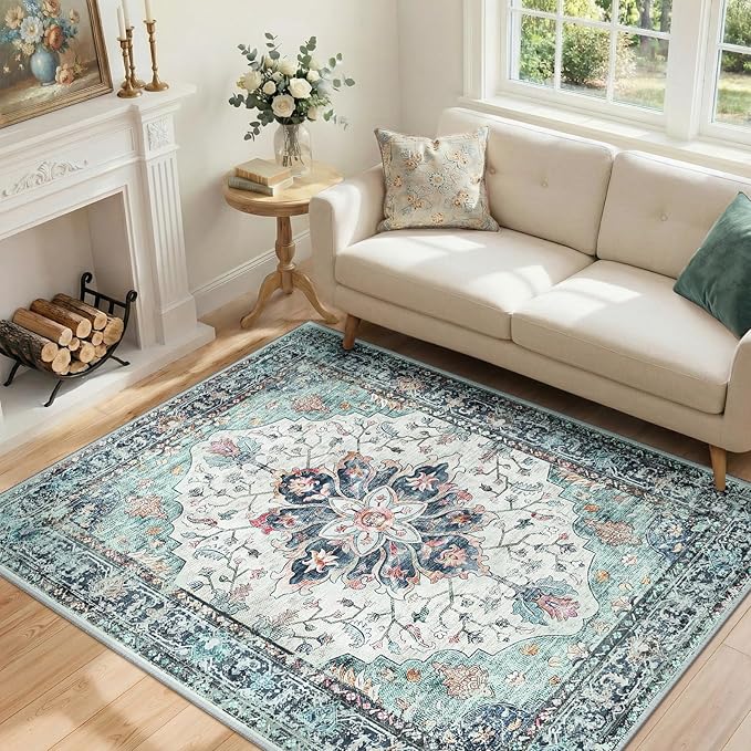 RELEANY Area Rugs 4'x5' Washable Non-Slip, Floral Vintage Distress Medallion by RELEANY