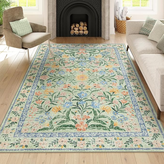 Wonnitar Washable Floral 6x9 Rug, Soft Green Area Rug Boho Non Slip Dining Room - Image 6