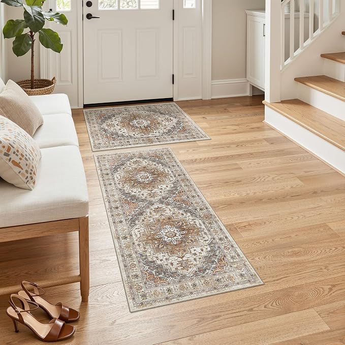 Madane 2-Piece Kitchen Runner Rug Set, Small Area Rug Non-Slip Vintage Door Mat by Madane
