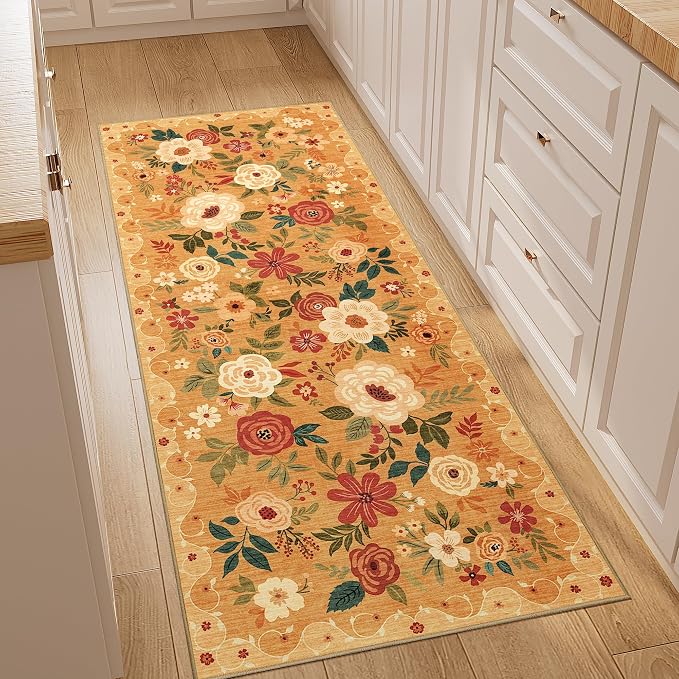 DUKINO 2x5 Runner Rug for Hallway, Washable Kitchen Floral Runner Rug by DUKINO