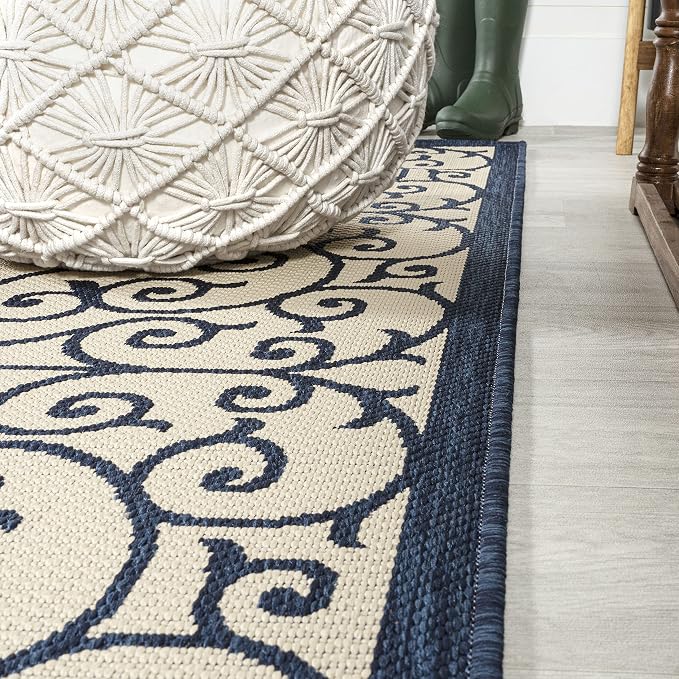 JONATHAN Y Vintage Filigree Indoor Outdoor Round Area Rug 5 Ft Navy/Beige - Image 4