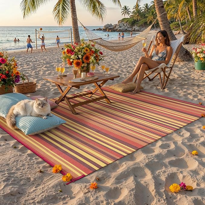 Outdoor Plastic Straw Rug Waterproof Patio 5x8 Red Orange Stripe Mat - Image 3