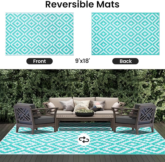 Smiry Waterproof Outdoor Rug 9X18 ft, Reversible Plastic Straw Patio Camping - Image 3