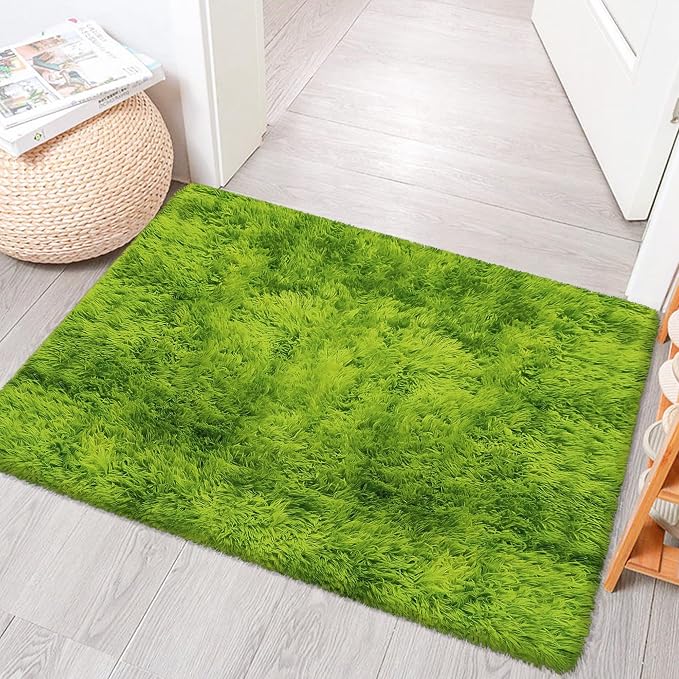 Soft Fluffy Tie Dyed Grass Green Shag Rug 2x3 Small Green Area Rug Carpet by TENNOLA