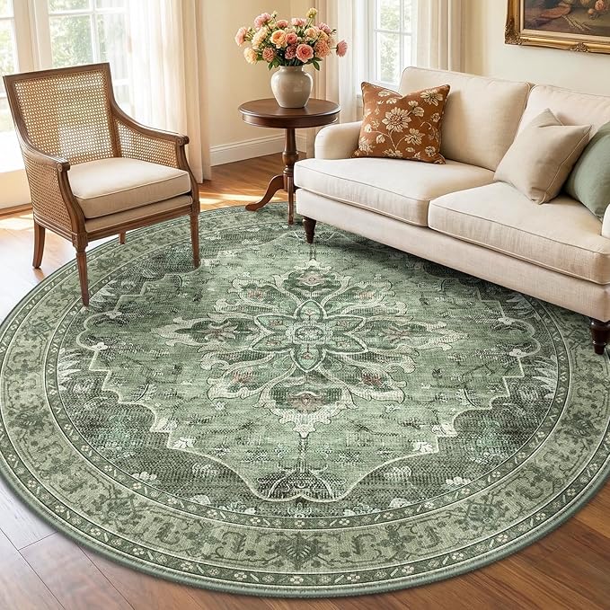 RELEANY Area Rugs Round 6ft Washable Non-Slip, Floral Vintage Distress by RELEANY