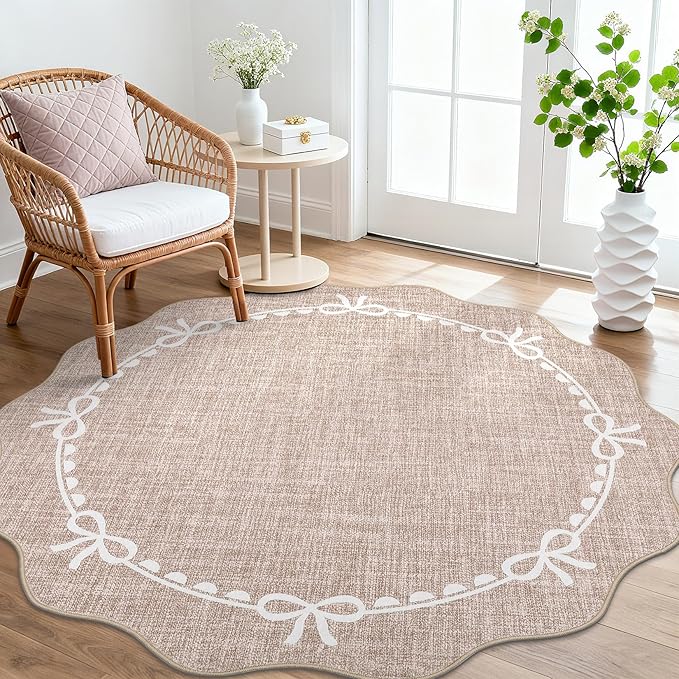 GarveeHome Scalloped Bow Rug for Living Room, 5ft Round Rugs Washable Solid - Image 2